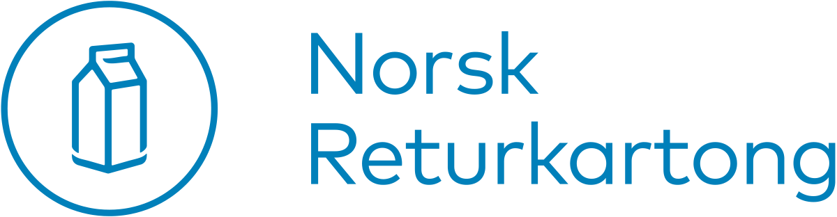 Logo for Norsk Returkartong. Blått merke med melkekartong i symbol