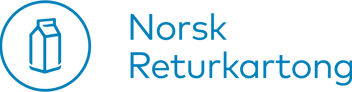 Logo for Norsk Returkartong. Blått merke med melkekartong i symbol