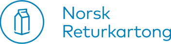 Logo for Norsk Returkartong. Blått merke med melkekartong i symbol