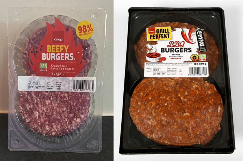 Ny og gammel versjon av emballasje til hamburger fra Coop.