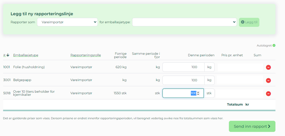 skjermbilde av rapporteringssystemet